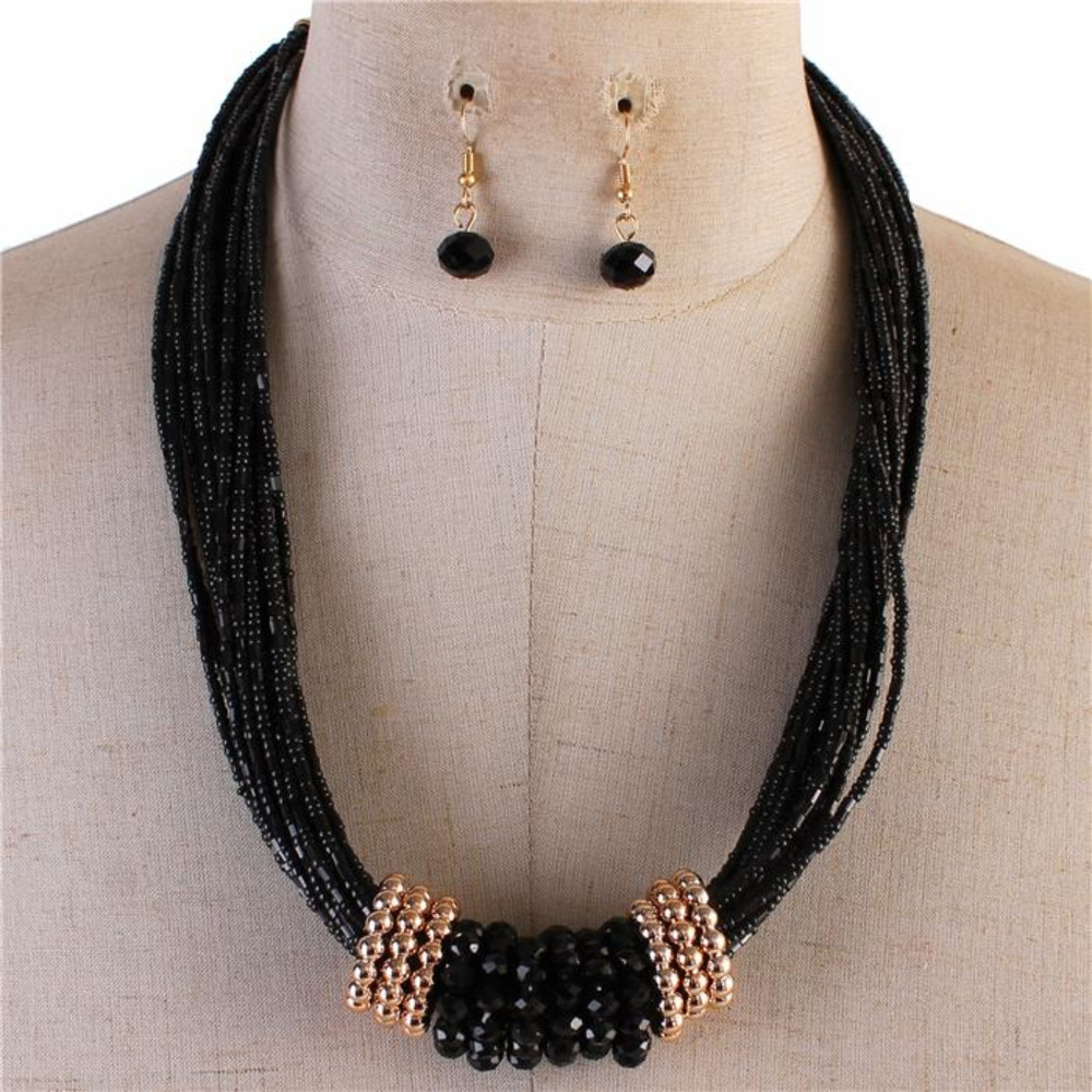 Black Glass bead Necklace Earring Set